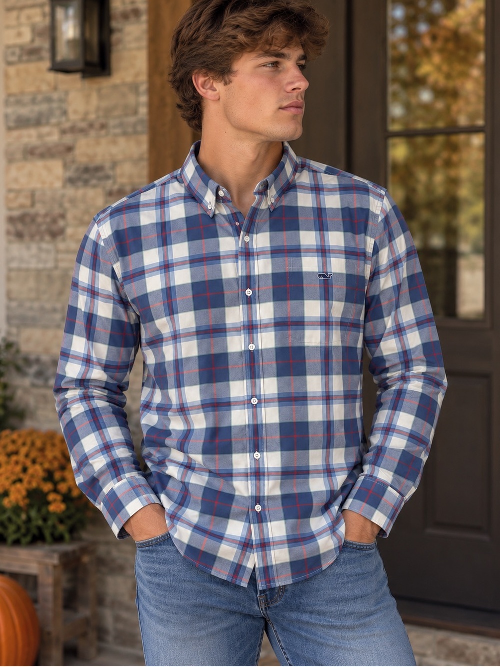 Vineyard Vines Blue and White Plaid Button-Down Shirt